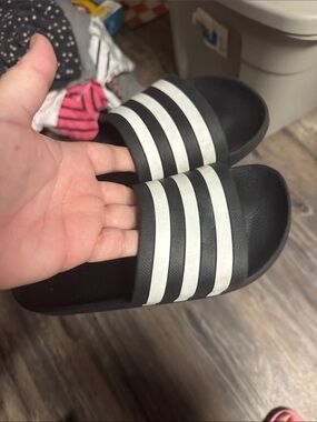 adidas Kids Black Slide Sandals with White Stripes